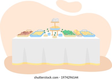 Serving salads and appetizers for dinner 2D vector web banner, poster. All-you-can-eat food flat object on cartoon background. Drink, snack station. Buffet lunch printable patch, colorful web element