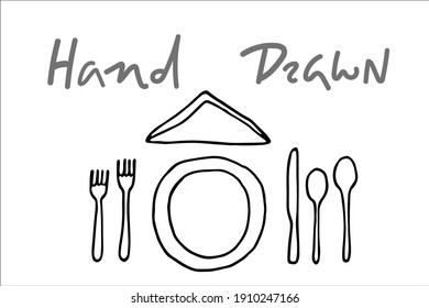 serving set dishes for one person  vector hand drawn doodle style  plate  forks  knife  spoons   diagonally folded square napkin