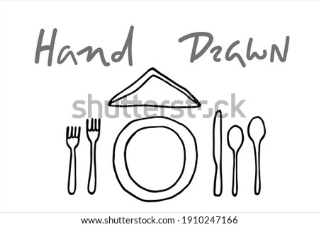 serving set of dishes for one person. vector hand drawn doodle style. plate, forks, knife, spoons and diagonally folded square napkin
