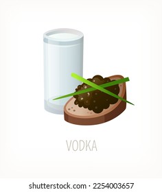 Sirviendo un trago de vodka con un clásico bocadillo ruso - pan oscuro con caviar negro y escalón. Vidrio lleno de bebida alcohólica. Imagen vectorial aislada. El licor del menú clásico de café o pub