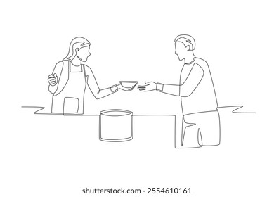 Serving at soup kitchens concept one-line drawing