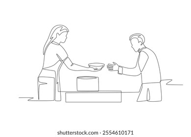 Serving at soup kitchens concept one-line drawing