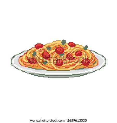 A serving of spaghetti pasta on a white plate, topped with red cherry tomatoes and green basil. The food is illustrated in a classic, retro 8-bit pixel art style.