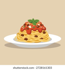 Eine Portion Spaghetti mit reichhaltiger Tomatensauce, herzhaften Fleischbällchen und frischen Basilikumblättern, die auf einem weißen Teller präsentiert werden.