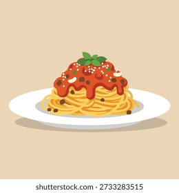 A serving of spaghetti topped with rich tomato sauce, garnished with fresh basil leaves and garlic.