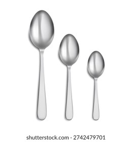 Serving spoons set for different types of food. Vector isolated realistic utensils for solid foods, vegetables or fried meals, serving soups, stews or sauces. Teaspoon and tablespoon kitchenware