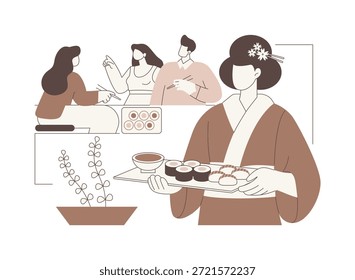Serving sushi isolated cartoon vector illustrations. Asian waitress serves sushi in restaurant, service sector, horeca business, professional people, traditional japanese cuisine vector cartoon.
