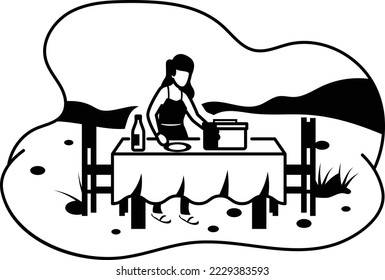 Serving table at Picnic or forest Concept, Young woman arranging food vector color icon design, Outdoor weekend Activity symbol, Tourist Holiday Scene Sign, Relaxing people Vacation stock illustration