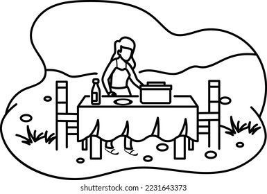 Serving table at Picnic or forest Concept, Young woman arranging food vector color icon design, Outdoor weekend Activity symbol, Tourist Holiday Scene Sign, Happy people at Vacation stock illustration