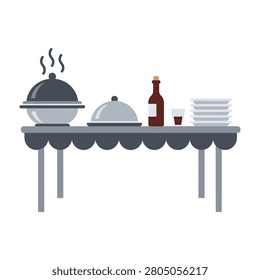 A serving table with steaming hot dishes and condiments ready for a meal setting