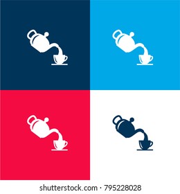 Serving tea in a cup from a teapot four color material and minimal icon logo set in red and blue