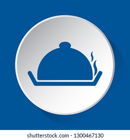 serving tray with lid and smoke. simple blue icon on white button with shadow in front of blue square background