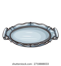 Bandeja de servicio con bordes grabados ornamentados y asas de metal clásicas, objeto de vajilla tradicional en estilo de grabado vintage, elemento de cocina retro detallado, arte de línea monocromo, Ilustración vectorial.