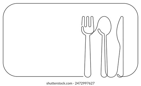 serving utensil place mat one line continuous vector illustration. fork, spoon and table knife minimal decoration