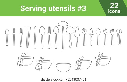 Serving utensils vector set: sugar dessert spoon, two-pronged fork, dessert fork knife, tablespoon, soup gravy ladle, spatula, salad vegetable fork, oyster knife, sugar tongs; salad set. Line icons