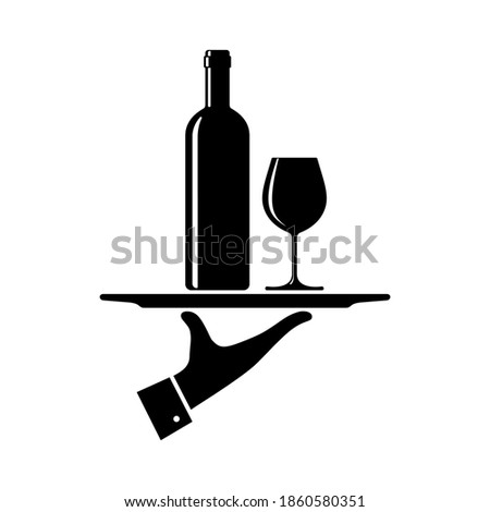 Serving wine graphic icon. Hand waiter serving wine on tray sign isolated on white background. Vector illustration