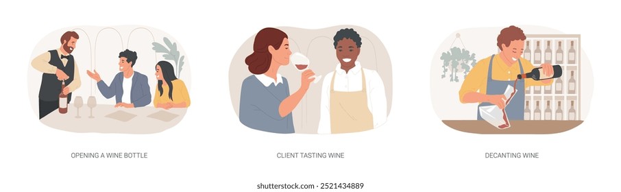 Servindo vinho isolado desenhos animados vetor ilustrações conjunto. Sommelier abre garrafa cara na frente do casal, degustação de vinho, serviço de restaurante, mordomo derramando líquido em decanter vetor cartoon.