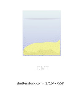 Una porción de DMT amarilla en una bolsa. La ilustración de la droga psicodélica DMT, que causa alucinaciones, es vívida. coloridas visiones de chamanes. Gráficos vectoriales