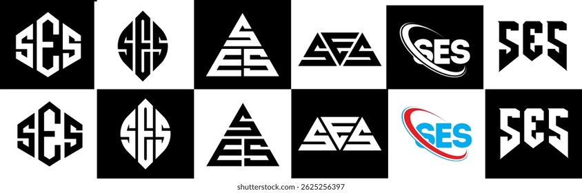 SES letter logo design in six style. SES polygon, circle, triangle, hexagon, flat and simple style with black and white color variation letter logo set in one artboard. SES minimalist and classic logo