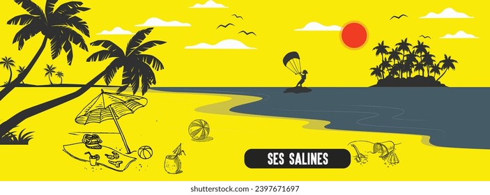  Ses Salines, Ibiza beach beautiful vector illustration