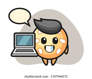 Sesame ball cartoon with a laptop