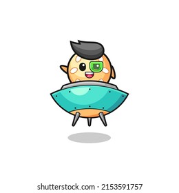 sesame ball cartoon riding a future spaceship , cute design