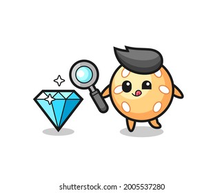 sesame ball mascot is checking the authenticity of a diamond , cute style design for t shirt, sticker, logo element
