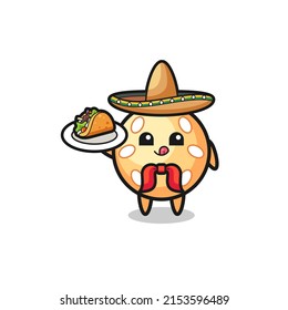 sesame ball Mexican chef mascot holding a taco , cute design