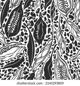 Sesame black seed, seamless print. Vector graphic plant, sketch fetus. Hand drawn ink hand drawn sketch. Vegan spice with calcium