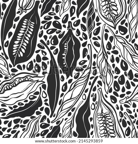 Sesame black seed, seamless print. Vector graphic plant, sketch fetus. Hand drawn ink hand drawn sketch. Vegan spice with calcium