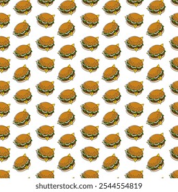 Sesame bun, chees, salad, tomato and onion rings Hamburger Seamless pattern. Fast Food Day wallpaper