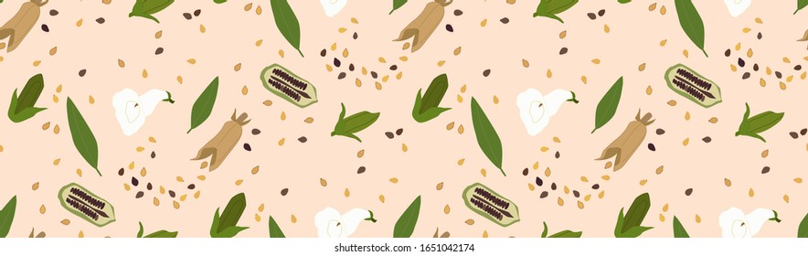 Sesame color pattern with green leaves, flower, pod and seeds, isolated on light pink background. Superfood. 