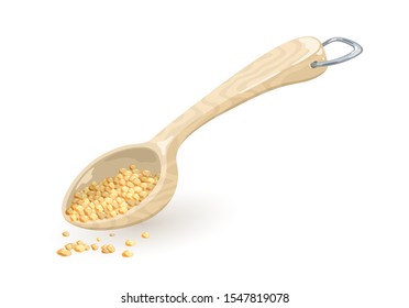 Sesame, coriander or fenugreek seeds are in measuring wooden or plastic spoon, scoop. Bulgur, couscous, millet or corn grits spill out from ladle, bailer with metallic d-ring hung. Vector on white.