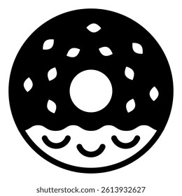 Sesame donut with chocolate glaze solid icon, sweets pastry concept. Vector graphics. Sweet bun, bakery sign on white background, glyph style mobile or design