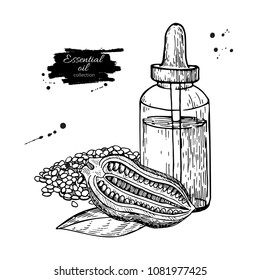Sesame essential oil bottle and seeds hand drawn vector illustration. Isolated plant drawing for Aromatherapy treatment, alternative medicine, beauty and spa, cosmetic ingredient.