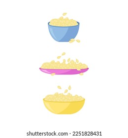 Sesame, flax, sunflower. Seeds in a plate. Vector in the flat style on a white background. Set