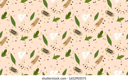 Sesame green leaves, flower, pod and seeds vector pattern, isolated on light pink background. Superfood. 