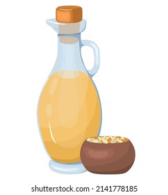 Sesame oil in a glass bottle. Glass carafe with vegetable oil isolated on white background. Healthy food concept. Vegan and veganism, paleo and keto diet.