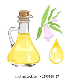 Sesame oil in a glass bottle, drop and flowering plant isolated on white. Vector illustration of healthy food in cartoon flat style.