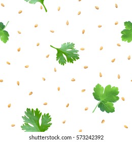 Sesame and parsley isolated on white background. Seamless vector pattern. Bakery spices.