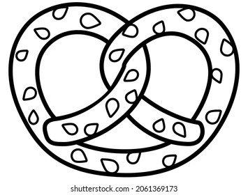 Sesame pretzel - baked product - vector linear illustration for logo or sign coloring. Outline. Sesame Brezel - Traditional German meal snack for coloring.