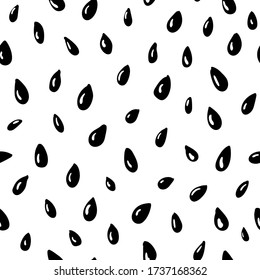 Sesame seeds, dragon fruit or pitahaya. Vector seamless pattern. Simple black set on white background. Organic food, chia granule, bio oil, spice. Hand drawn illustration, monochrome print, textile
