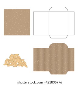 Sesame seeds packaging design kit. Recycled paper pack template. Pile of sesame seeds and pattern for wrap.