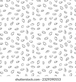 Sesame seeds seamless pattern, monochrome sketch vector illustration on white background. Hand drawn sesame seeds. Concept of food, cooking and agriculture.