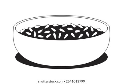 Sesame seeds topping bowl 2D line object. Oriental seasoning. Nutrition source. Condiment ingredient. Food garnish asian cuisine isolated clipart vector ink outline item. Monochrome spot illustration