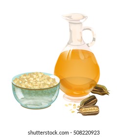 sesame seeds. vector pattern. Sesame pods. Vector illustration. glass bottles with oil. 