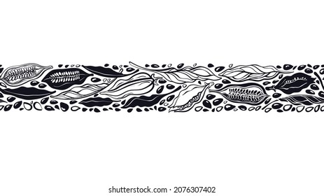 Sesame strip, seamless pattern. Vector graphic plant, nature fetus, white and black seeds. Hand drawn ink hand darwn sketch. Cereal print