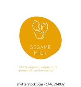 Sesame Vegan Milk packaging Vector logo design template with plant icon in linear style. Abstract emblem for organic shop, healthy food store or vegetarian cafe.