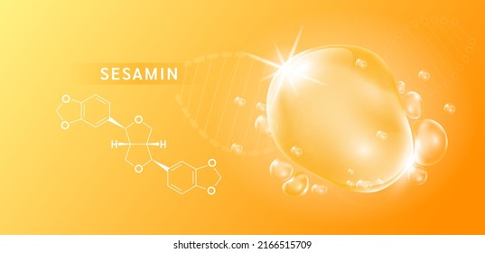 Sesamin drop and structure black sesame extract on orange background. Vitamin complex orange. Food supplement nutrition design. Medical scientific concepts. 3D vector.