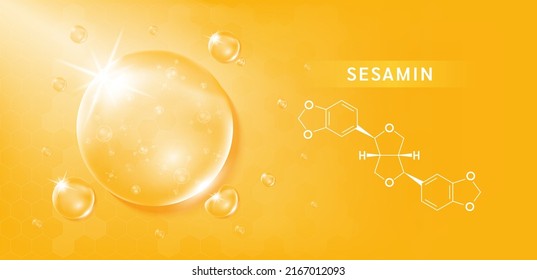 Sesamin drop and structure black sesame extract on orange background. Vitamin complex orange. Food supplement nutrition design. Medical scientific concepts. 3D vector.